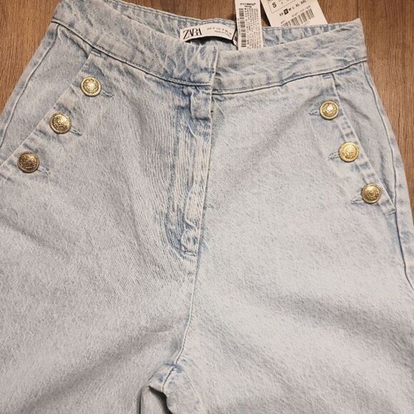 Zara High Waisted Sailor Nautical Front Style Light Wash Denim Jeans Size S - Picture 3 of 6